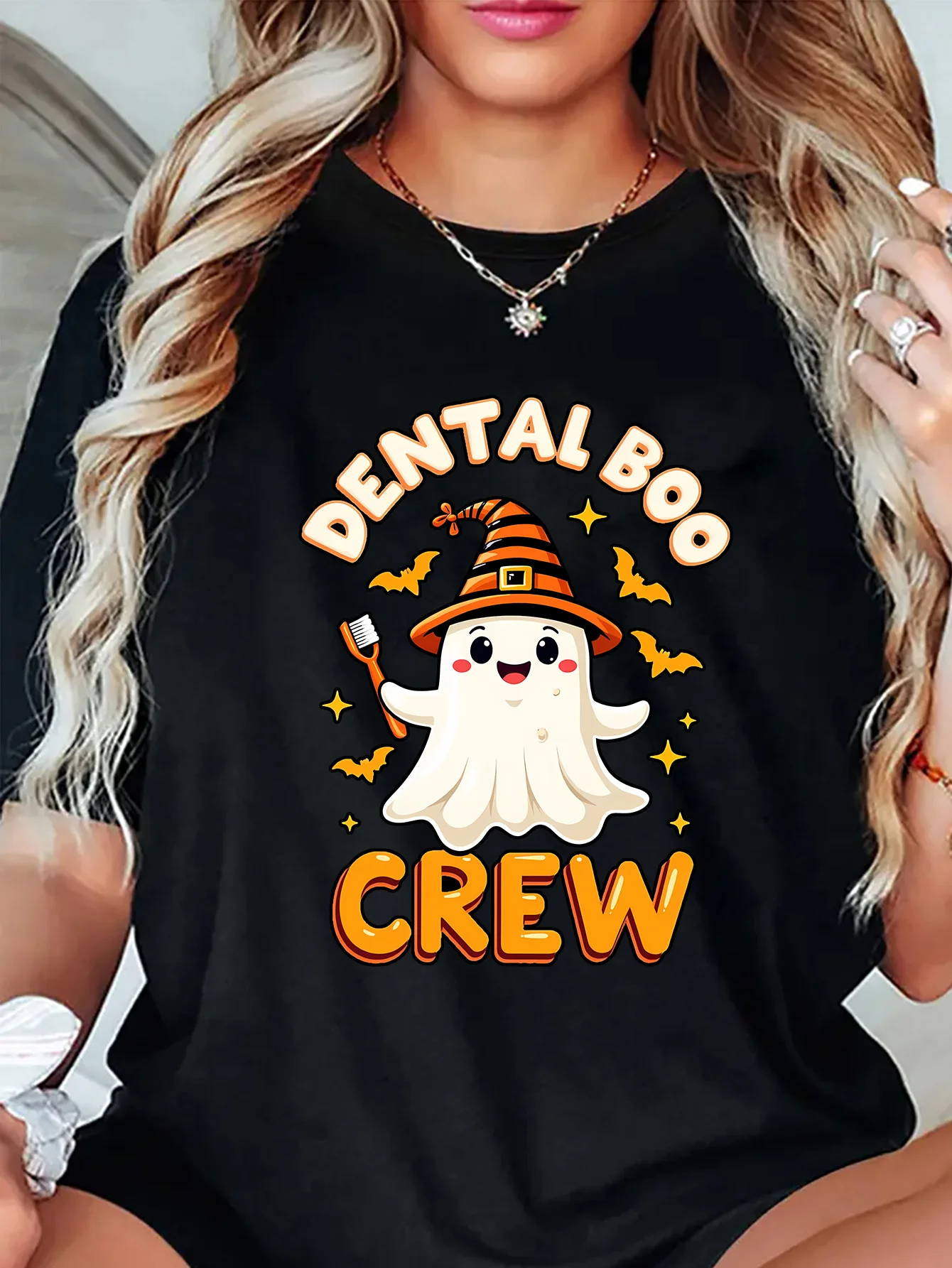 Halloween Womens T Shirt Dental Boo Crew Ghost Toothbrush Bat Print Short Sleeve O Neck Casual Tee Ladies Dental Worker Tops