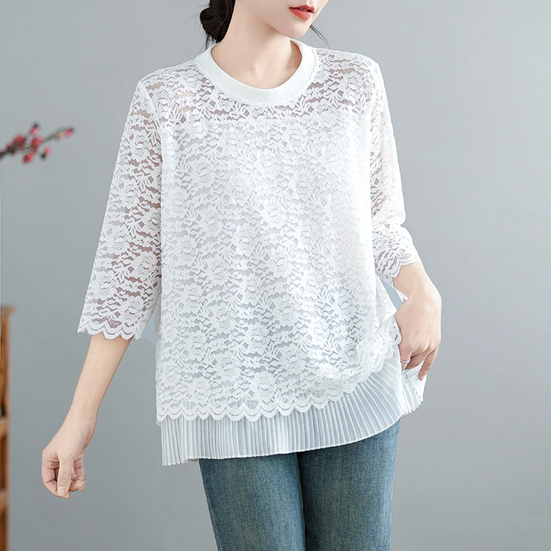 

Женский кружевной ажурный шифоновый топ, футболка семи четвертей Све, весна-лето, новинка, модный базовый слой, свободный, облегающий...