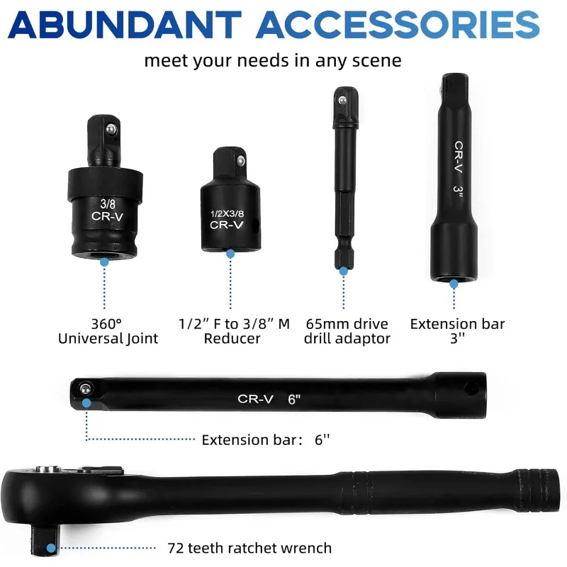 مجموعة مقابس محرك 50 قطعة 3/8 بوصة، SAE (5/16 بوصة - 3/4 بوصة) ومترية (8 مم - 22 مم)، عميق وضحل، مفتاح ربط بسقاطة 72 سنًا، قضبان تمديد