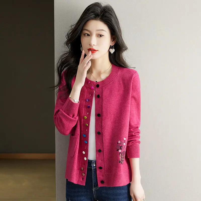Cardigan Sweater Women's Spring and Autumn New Embroidered Loose Large Size Knitted Solid Color Versatile Top