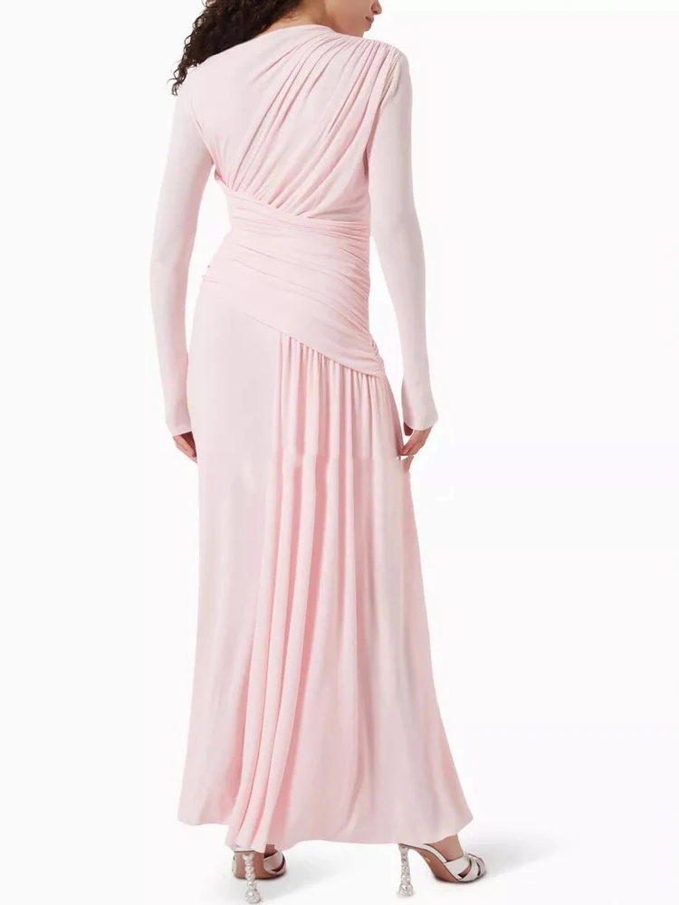 

Ele Pink Evening Gown Women's High Waist Design A-Line Skirt Long Sve Wedding Dr Date Cany Annual Dinner Daily Wear