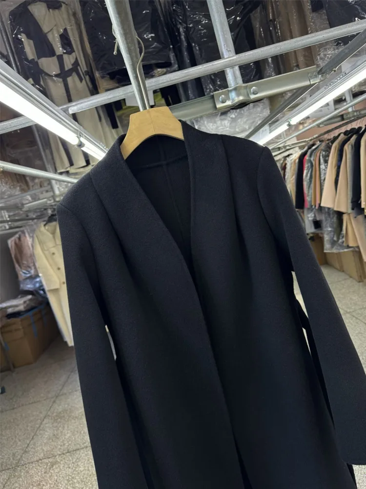 معطف نسائي من قماش الكشمير باللون الأسود على الوجهين من DFDG مع ياقة كتف مستقيمة طويلة 2025 معطف صوفي جديد ضيق برباط في مكان العمل #5