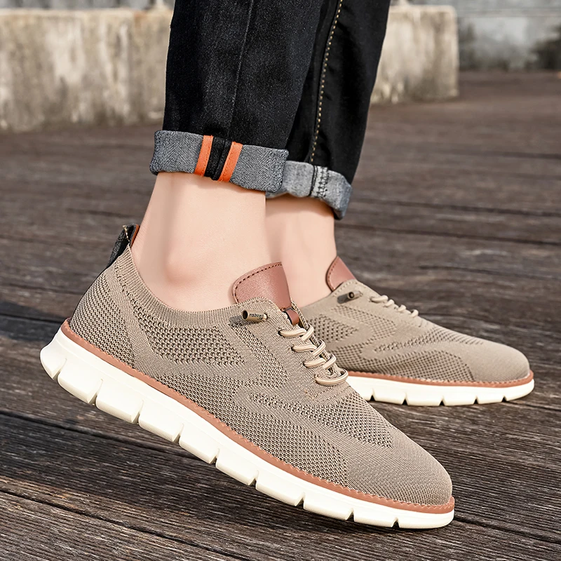 Fashion Khaki Men\'s Summer Sneakers Breathable Knit Lace-up Lightweight Casual Shoes For Men New Comfortable Urban Man Sneakers