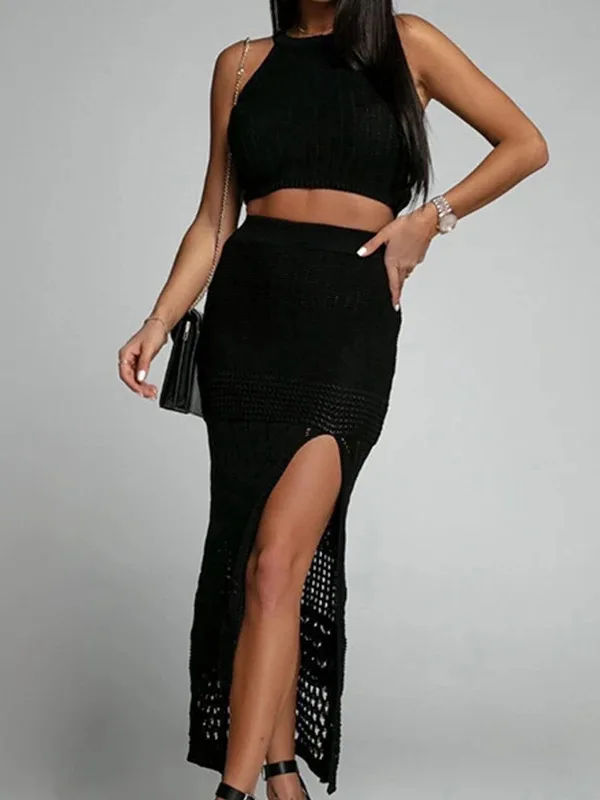 New Style Knitting Solid Color Tank Top Texture Slit Dress Ladies Beach Sunscreen Dress Suit Hollow Out Beachwear Cover Up LB0K