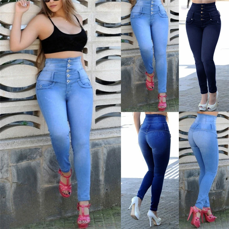 

2023 Fashion Casual New Waisted Small Feet Pencil Pants Five Button Soild Color High-waisted Wide Waist Women's Denim Trousers