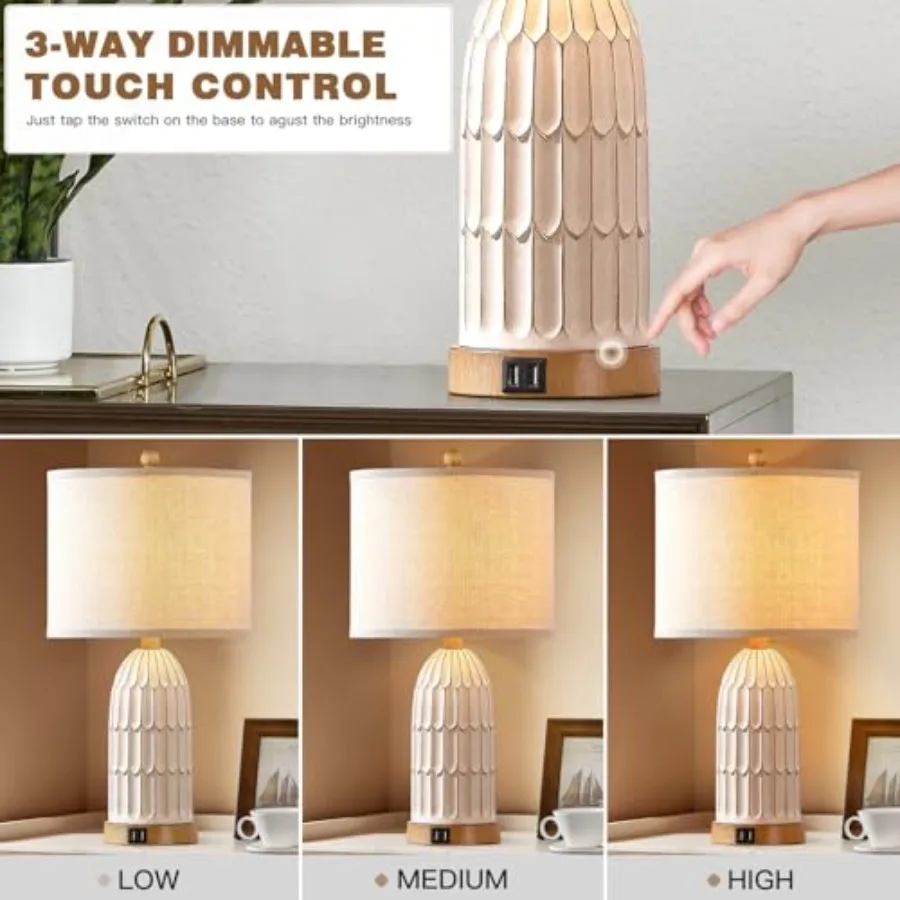 Boho Table Lamps Set of 2, Farmhouse 3-Way Dimmable Touch Nightstand Lamp with 2 USB Charging Ports, White Vintage Bedside Lamp