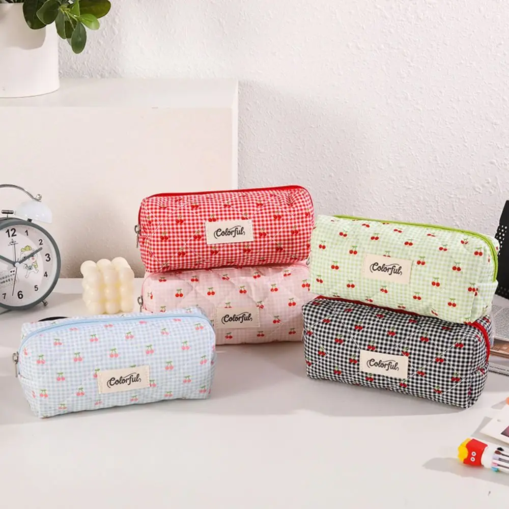 Plaid Cherry Printing Pencil Case Zipper Design Large Capacity Pen Bag Multi-functional Stationery Pouch Back To School