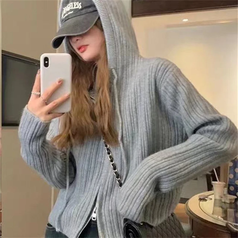 

American Retro Hooded Knitted Cardigan Women Autumn Chic Double Zipper Short Sweater Coat Fashion Streetwear Drawstring Cardigan