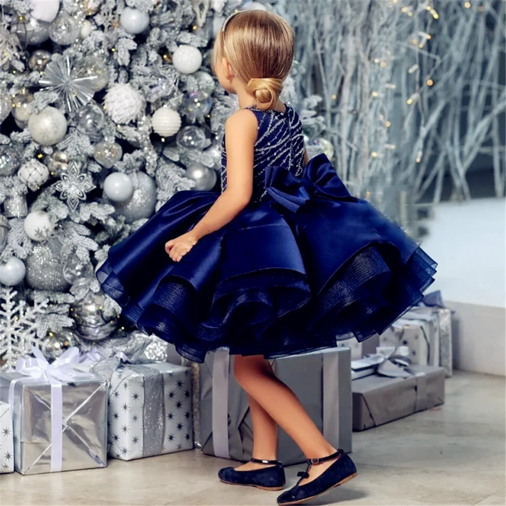 

Cute Mini Blue Flower Girl Dresses Satin Tulle Puffy Sequin Bow Sleeveless For Wedding Birthday Party Princess First Communion