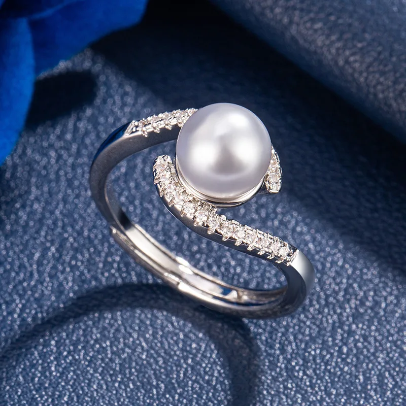 Luxurious Spiral-wound Imitation Pearl Ring - Women's Silver Micro-set Clear CZ Diamond Adjustable Open Ring - Original Rings