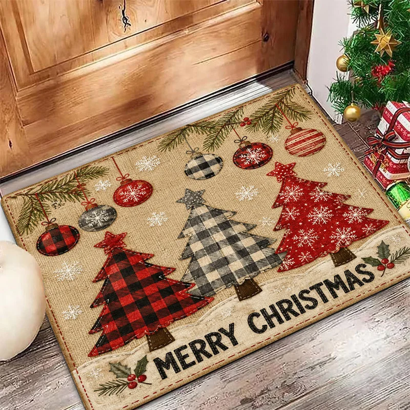 Snow Xmas Tree Doormat Indoor Outdoor Floor Covering Embossed Look Festive Floor Accent Mat for Entryway Porch Holiday Decor
