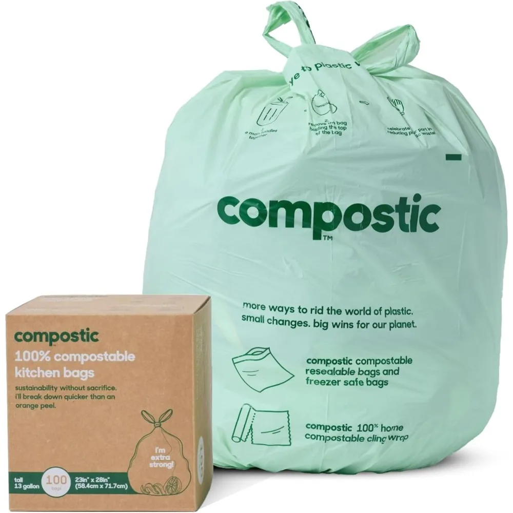 

Compostable Trash Bags, 13 Gallon Tall Kitchen Rubbish Bags (23” x 29”), Extra Strong & Quick Breakdown, 100 Count