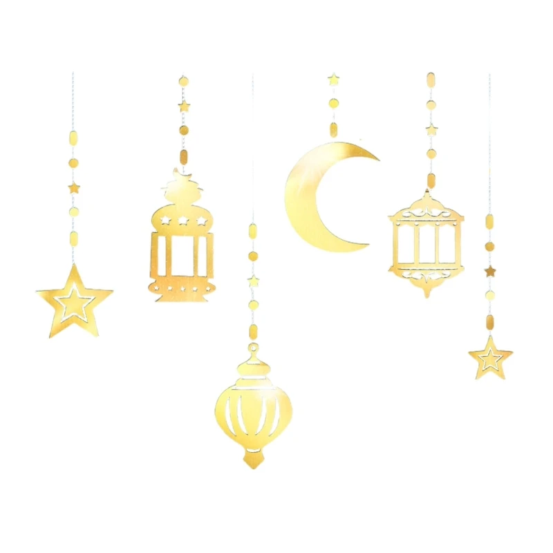 6Pcs Star Moon Lanterns Garlands Decorations for Ramadans Eid Mubarak Home Decors Hanging Streamers Backdrops Banners