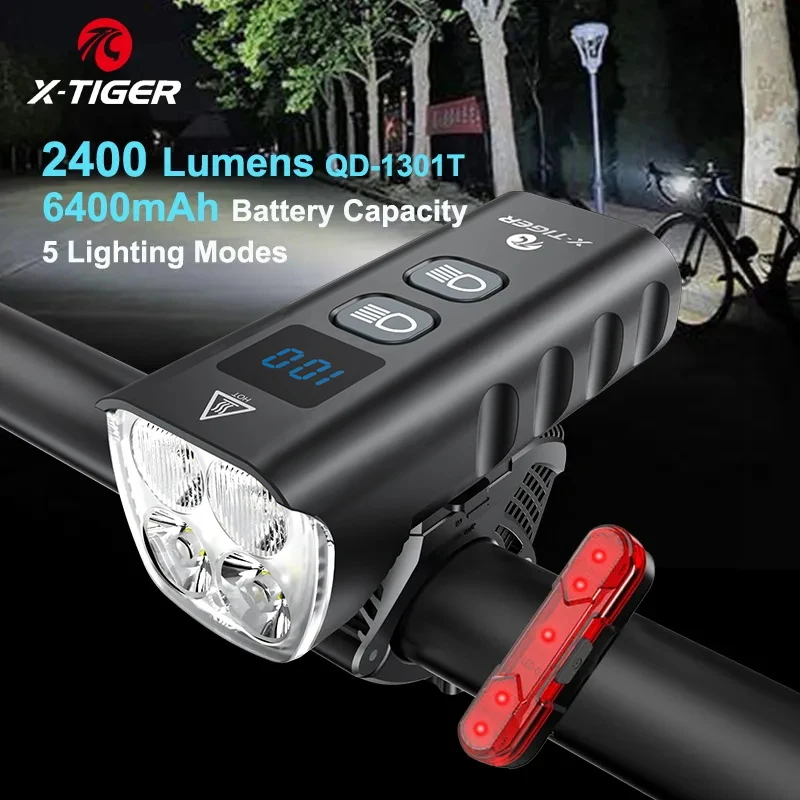 X-TIGER Front Light Bicycle Lamp USB Rechargeable LED Flashlights 2400 Lumens 6400 mAh Outdoor Mountain Bike Headlights