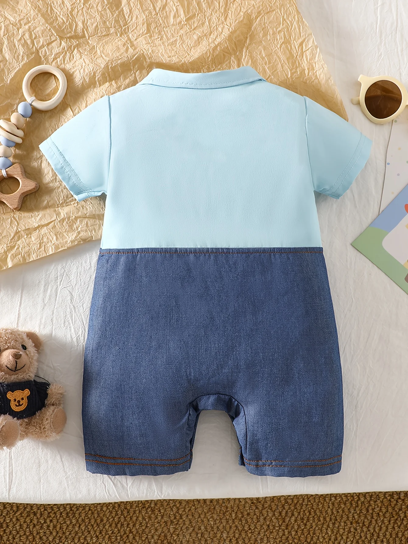 IURNXB Baby Romper Short Sleeve Gentleman Faux Denim Suspender Onesie Polo Collar Suit Summer Newborn Clothes 1-18M