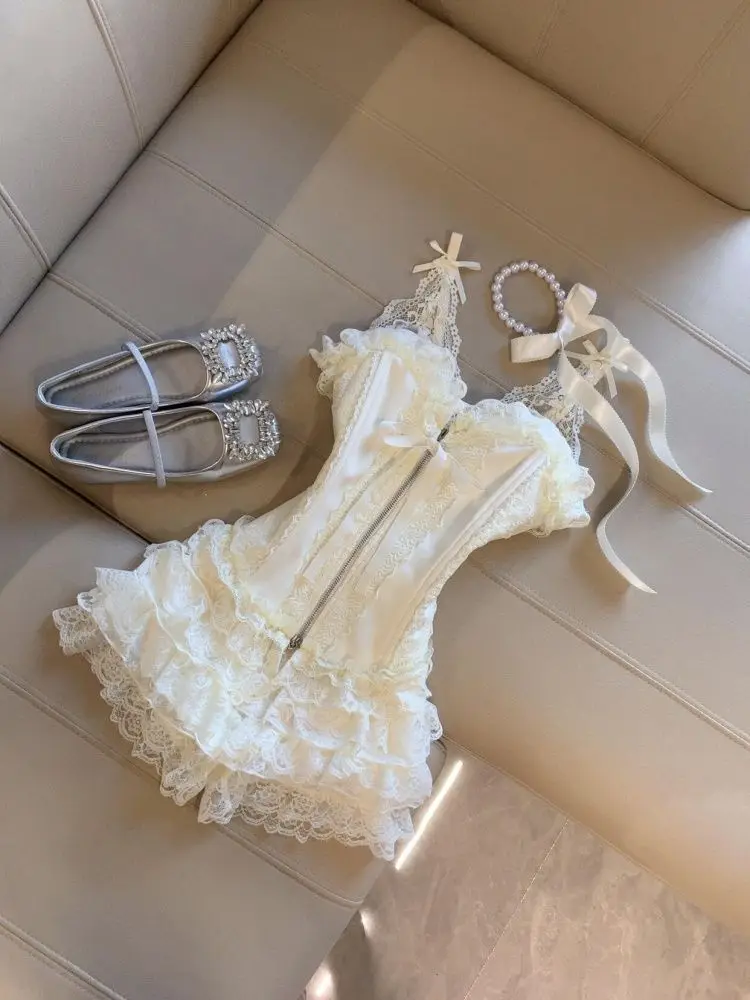 Cute Desire Lace Bustier Top High Waist Mini Cake Skirt Set Sexy Corset Cami Winter Outfit Ruffled Tulle Two Piece Lolita Style view 4