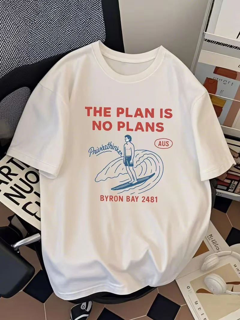 Camiseta con estampado gráfico The Plan Is No Plans Byron Bay Surf, top con estampado de surf australiano para hombre y mujer, corte holgado para uso diario