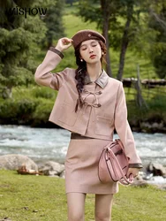 MISHOW Pink Patchwork Fragrant Short Jacket Solid Skirts Separately 2024 Autumn Korean Bow Lapel Top A-line Skirts MXD42W0400