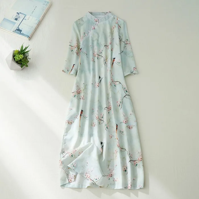 

Женская хлопково-льняная юбка большого размера с длинным рукавом и воротником на пуговицах с цветочным принтом в этническом стиле, летняя юбка трапециевидной формы Qipao