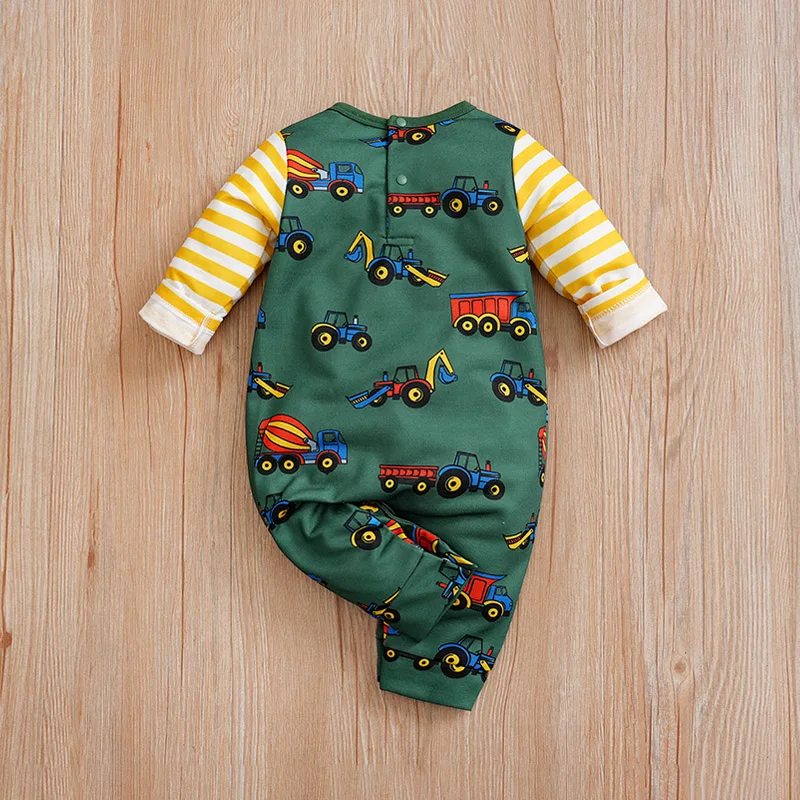 Baby Jumpsuit Cute Cartoon Strap Engineering Car Print Comfortable And Soft Spring And Autumn Long Sleeves 0-18m Newborn Clothes