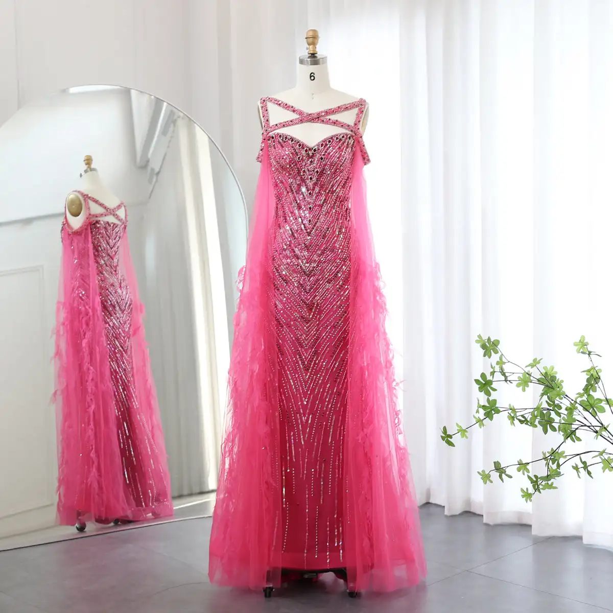 Jancember Arabic Fuchsia Mermaid Dubai Evening Dresses with Cape Sleeves Crystal Turquoise Women Wedding Party Dress LSZ468