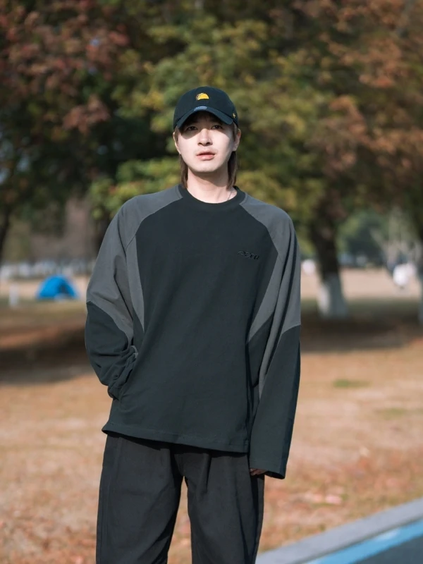 Camiseta Esportiva de Manga Longa para Homens com Inserção nos Ombros, Gola Redonda, Tecido Pesado, Estilo Casual, Tendência ...