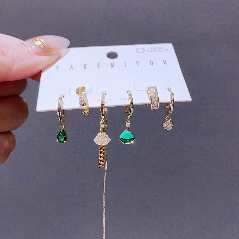 6pcs Design Green Stone Water Drop Fan Shaped Dangle Earrings Set for Women Gold Color Copper Jewelry