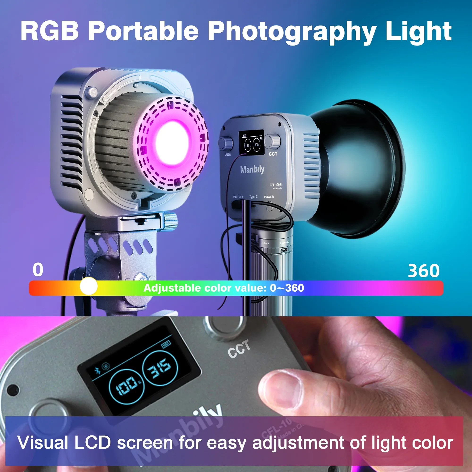 Manbily CFL-100C RGB Full-color Portable Handheld Live LED Light Constant 100W Adjustable Color Temperature COB Movie Lamp