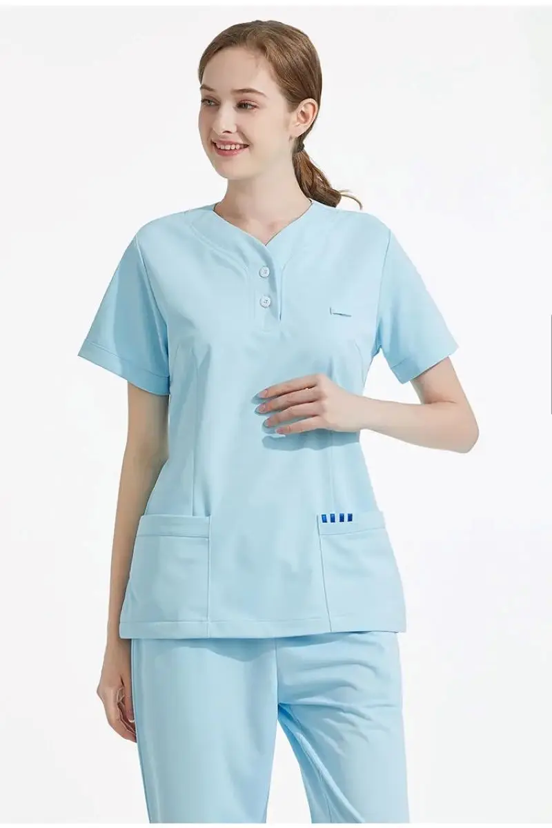 New Women's Summer Y Neck Dental Clinic Pet Shop Medical Scrub Uniforms Set Antiwrinkle Anti-Static Workingwear Waist Adjust