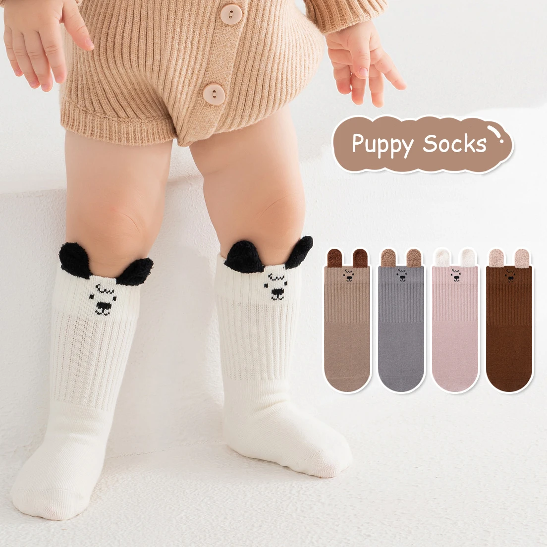 3Pairs Cute Puppy Ear Baby Socks Soft Cotton Cartoon Toddler Mid Calf Socks Kids Boys Girls Crew Socks For Spring Autumn