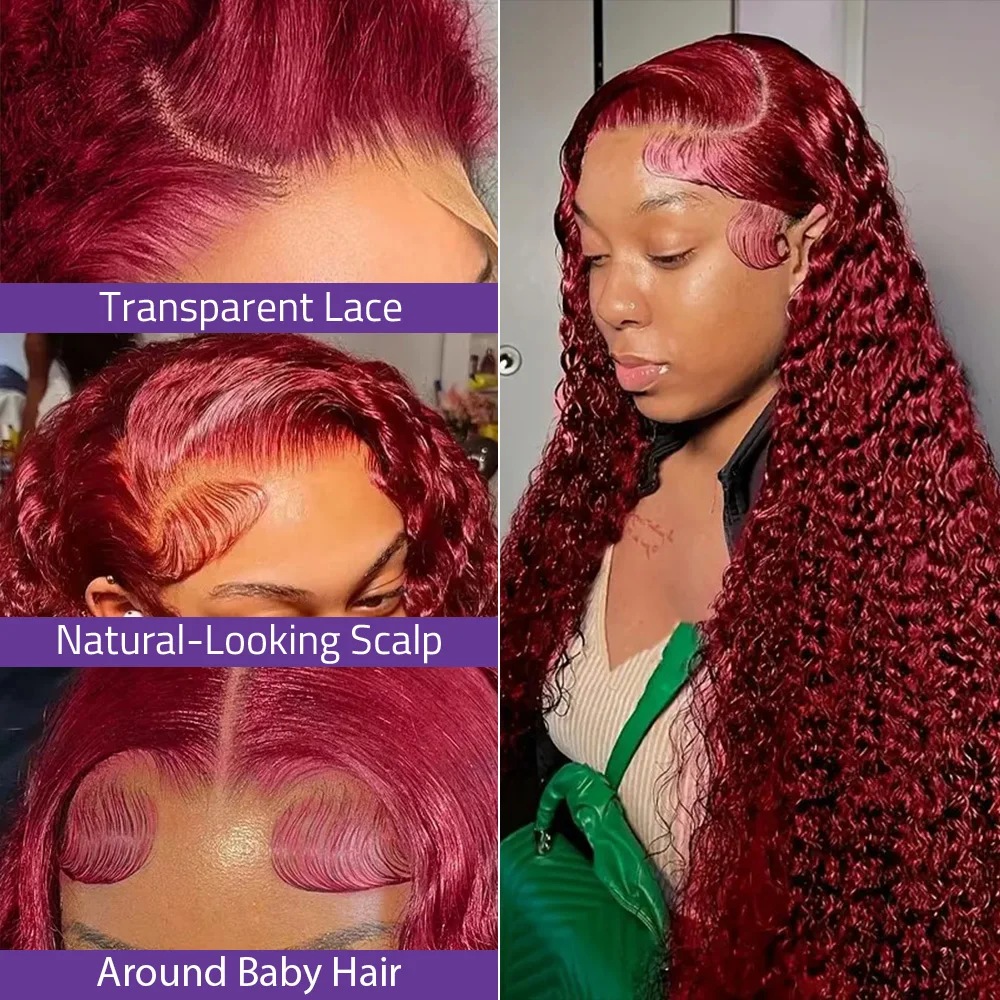 30 40 Inch Deep Wave 99J Burgundy 13x4 HD Lace Front Wig Human Hair Curly Water Wave 13x6 Hd Lace Frontal Brazilian Wigs 200 Density