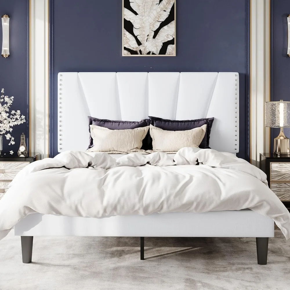 

Queen Size Bed Frame with Adjustable Upholstered Velvet Rivets Headboard, Sturdy Wooden Slats, Strong Platform, Customized