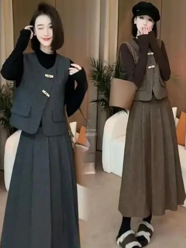 

plus Size Women's Faion High Waist A-Line Skirt Set Tee Pieces Autumn Winter New Sle Versatile Korean Version Commute