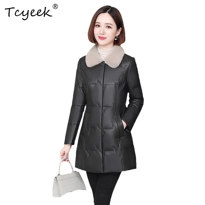 Tcyeek Genuine Leather Jacket Women Winter Clothes 2026 Mink Fur Collar Mid-length Sheepskin Down Coat Woman 90% White Duck Down view 5