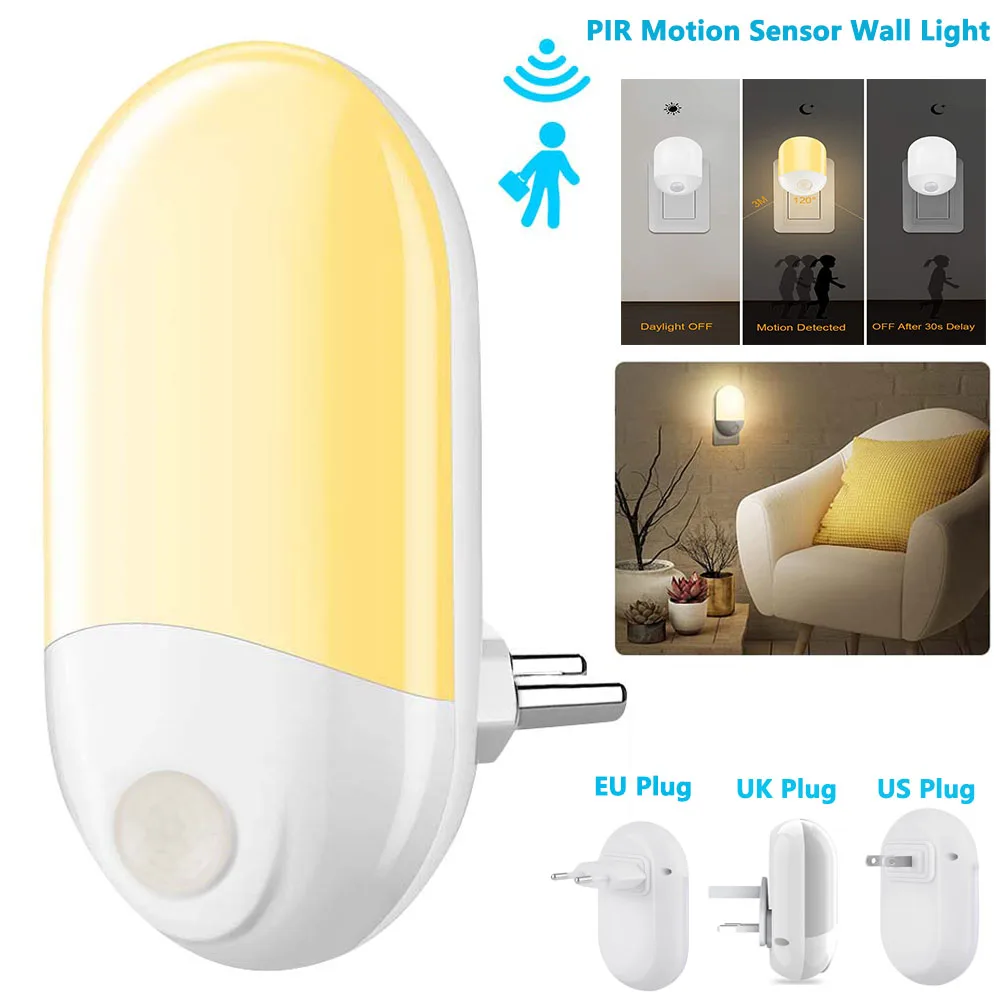 US/EU/UK Plug  PIR Motion Sensor Indoor LED Wall Light Dusk to Dawn Sensor Auto ON/OFF Wall Lamp Bedroom Hallway Night Light