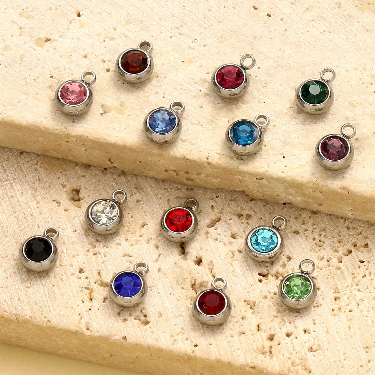 

50pcs/lot Colorful Rhinestone Birthstone Charms Stainless Steel Round Pendants DIY Jewelry Making Accessories Wholesale 6*8mm