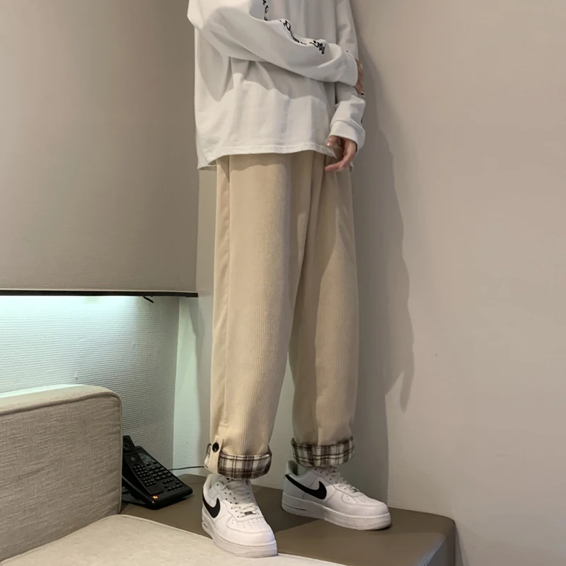 Brown Vintage Corduroy Men's Autumn Winter Workwear Pants Drapey Loose Fit Straight Leg Harajuku Style Youthful Energy Trend