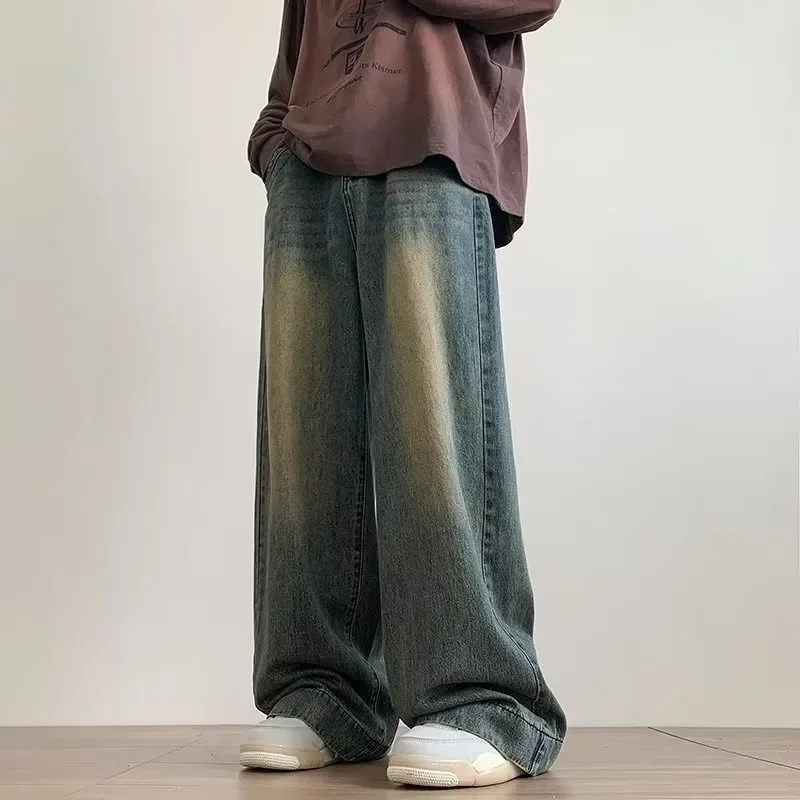 Men Denim Pants Blue Wide-legged Pants Vintage Baggy Trouser Streetwear Design Jeans Casual Solid Spring Autumn