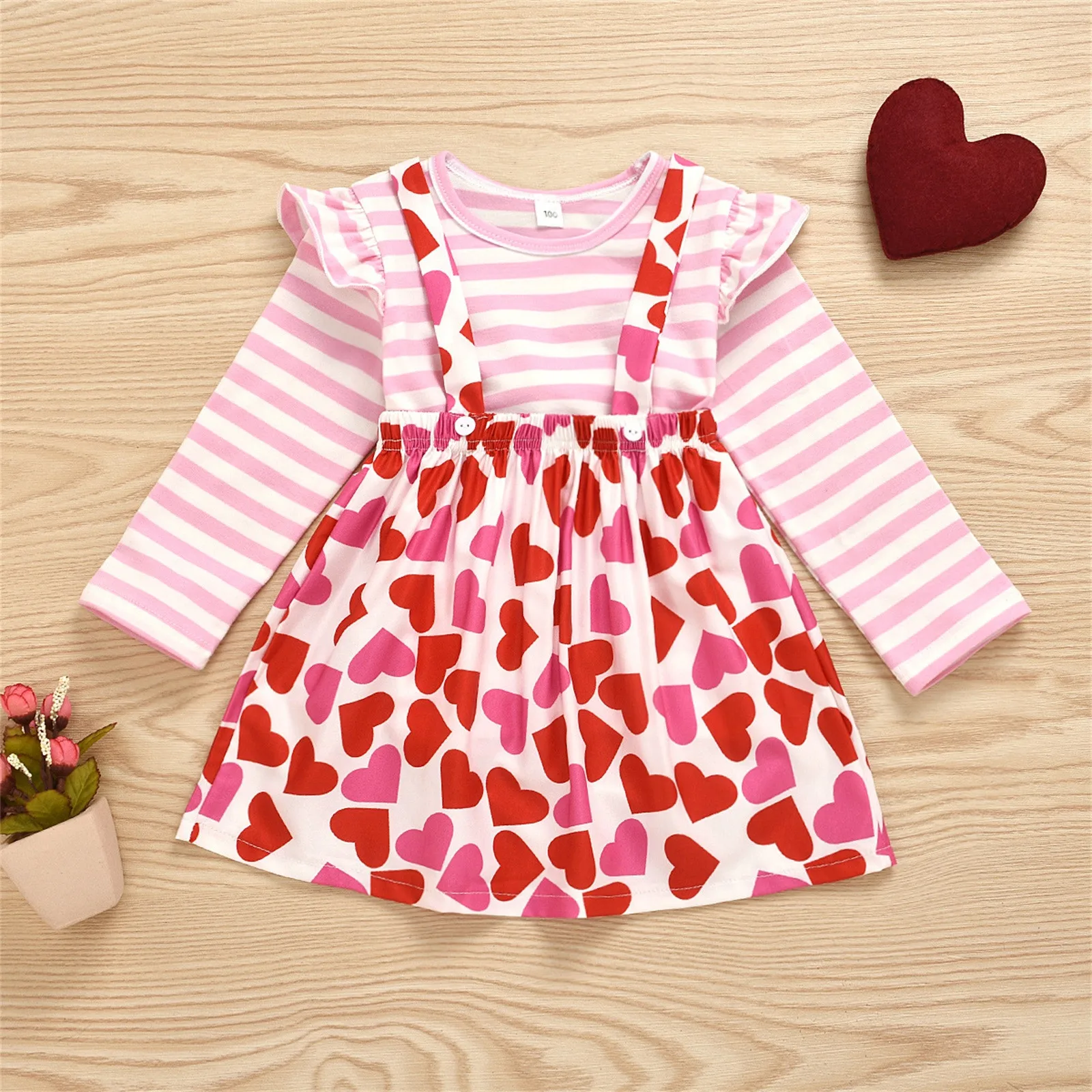 Newborn Infant Baby Girls Clothes Sets Sweet Heart Print Valentine’s Day Long Sleeve Tops Ruffle Shoulder Suspender Dress Set