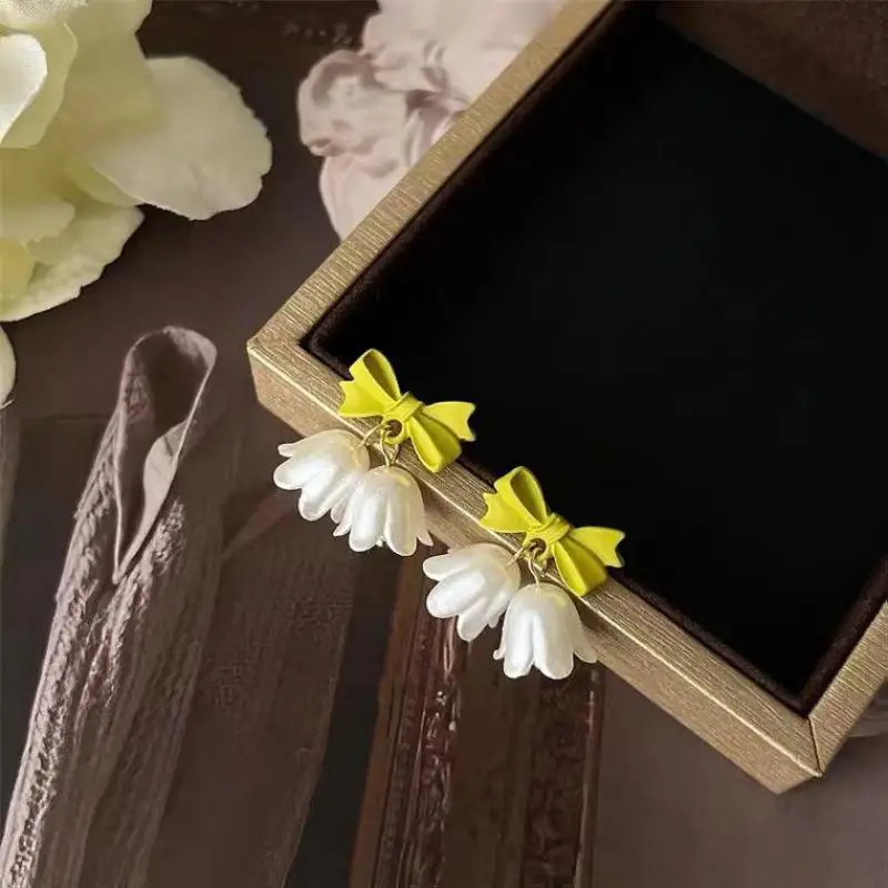 Punk Girl 925 Silver Needle Earrings Korean Edition Bell Orchid Tulip Flower Gentle Bow Knot Forest Style Girl Style Earrings