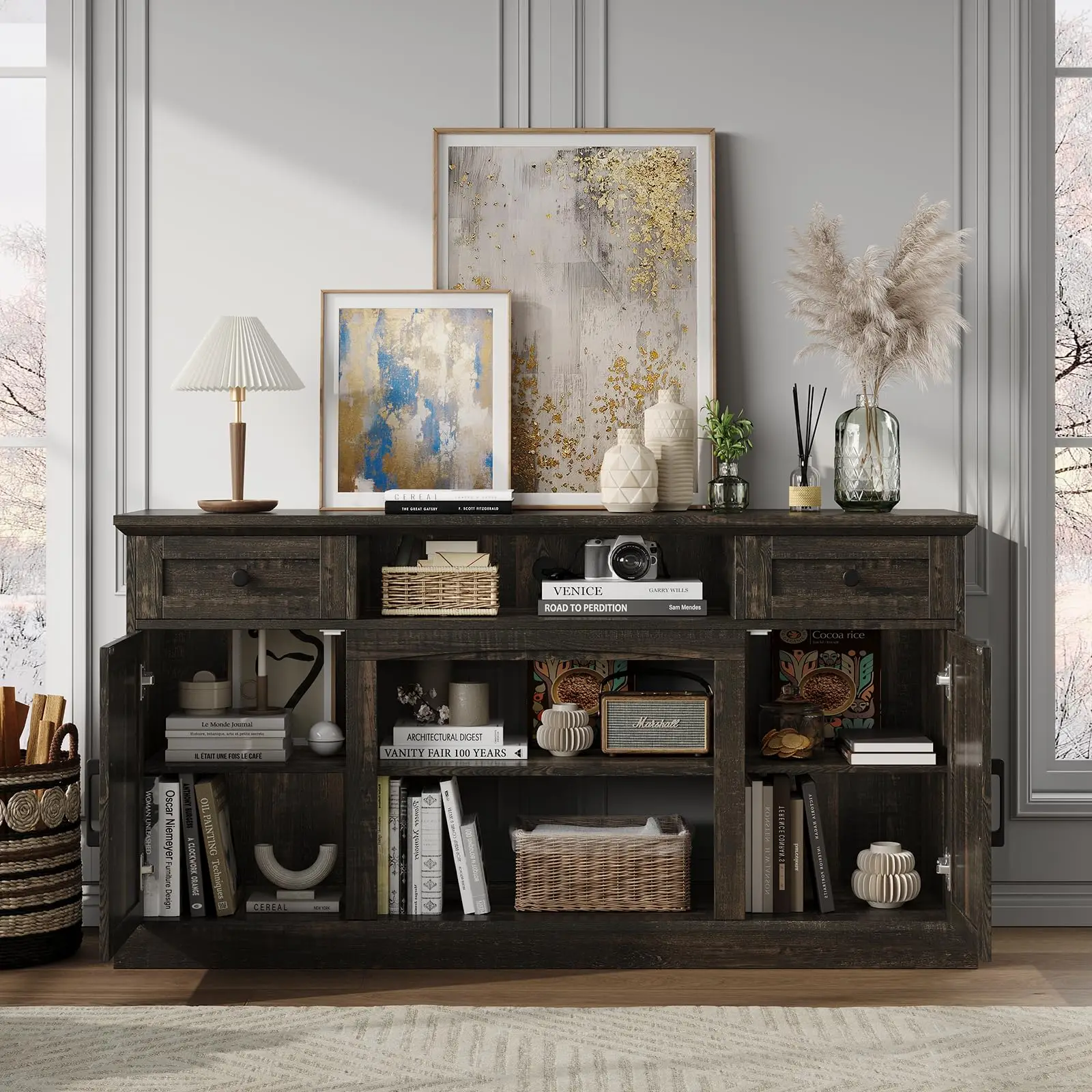 Brand Farmhouse Fireplace Entertainment Center for TVs Up to 70 Inches, Media Console Table with 23-Inch Electric Fireplace, Drawers and Storage