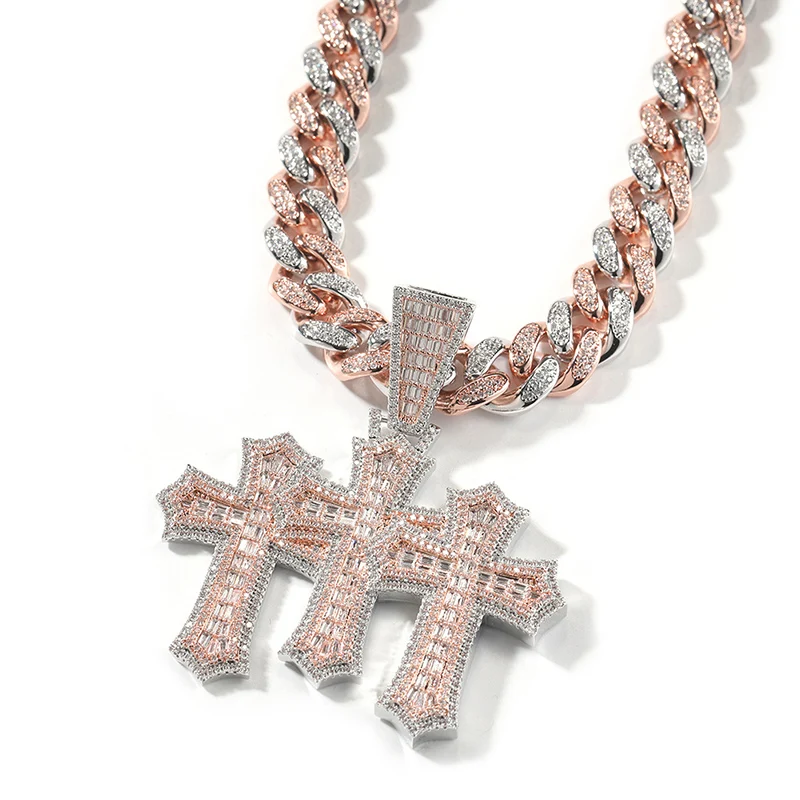 Hip Hop Micro Paved AAA+ Cubic Zirconia Iced Out Bling Triple Cross Pendants Necklace for Men Rapper Jewelry with Cuban Chain