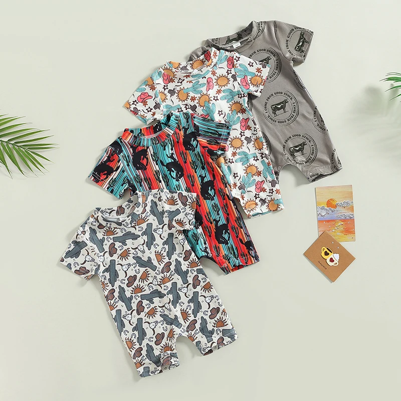 FOCUSNORM-Pelele de manga corta con cuello redondo para bebé, mono con estampado de vaca de dibujos animados, ropa informal, 4 colores, 0-18M
