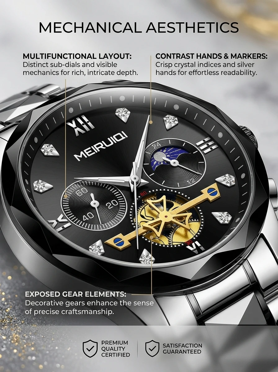 1 Piece Men's Silver-Black Steel Band Sporty Fashion Sun-Moon Ancient Roman Multifunctional Quartz Watch