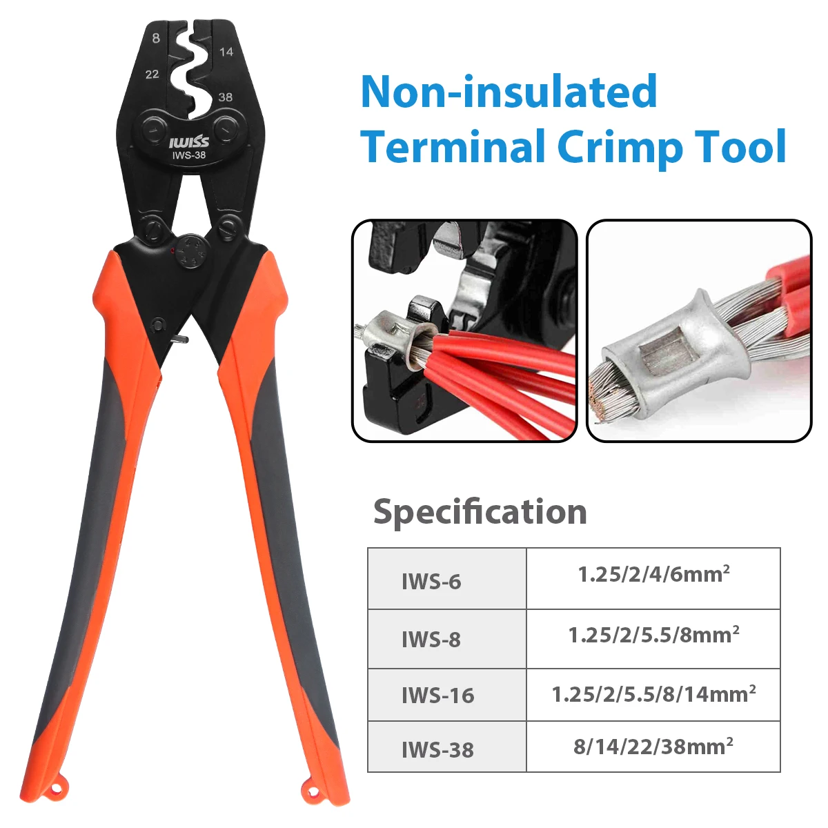 IWS-6/8/16/38 crimper plier Ratchet Crimping Tool  for Non-Insulated Terminals 1.25-38MM² Polished Jaw Pressure regulating de