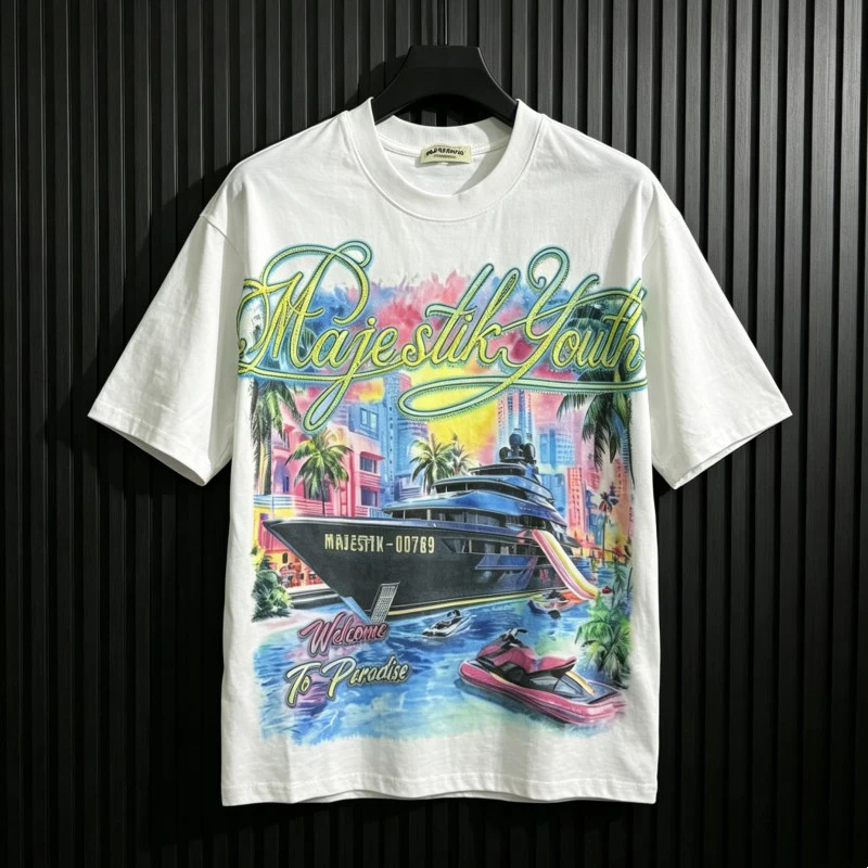 MAJESTIK T-shirts Colorful Cruise Print Hotfix Rhinestone Letter Logo White Round Neck Short Sleeve Men Woman Hiphop Streetwear
