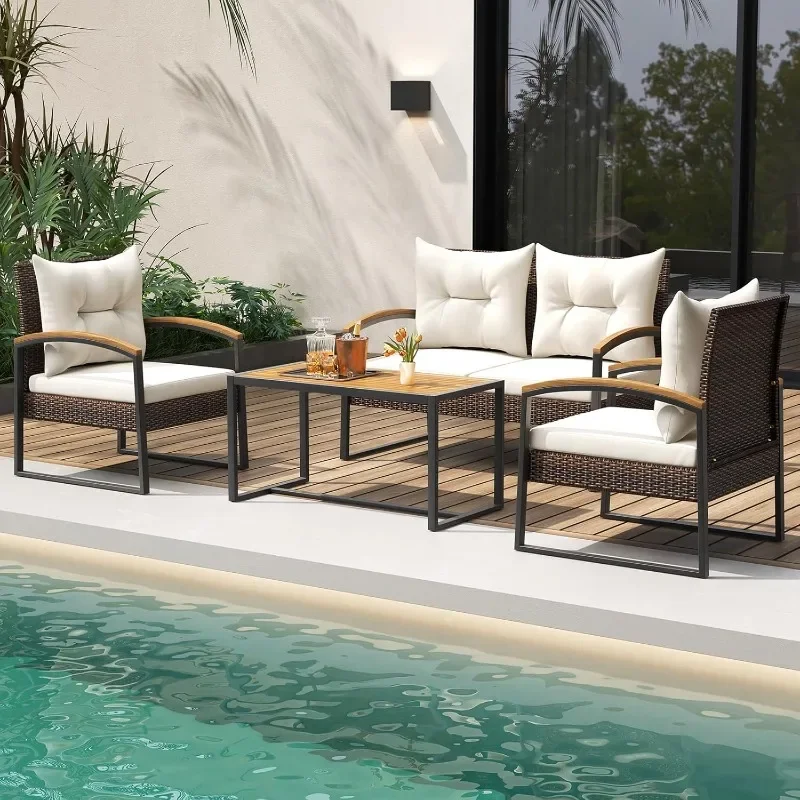 Tangkula 4 Piece Patio Conversation Set, with Heavy Duty Solid Acacia Wood Armrests & Tabletop, Outdoor Cushioned Wicker