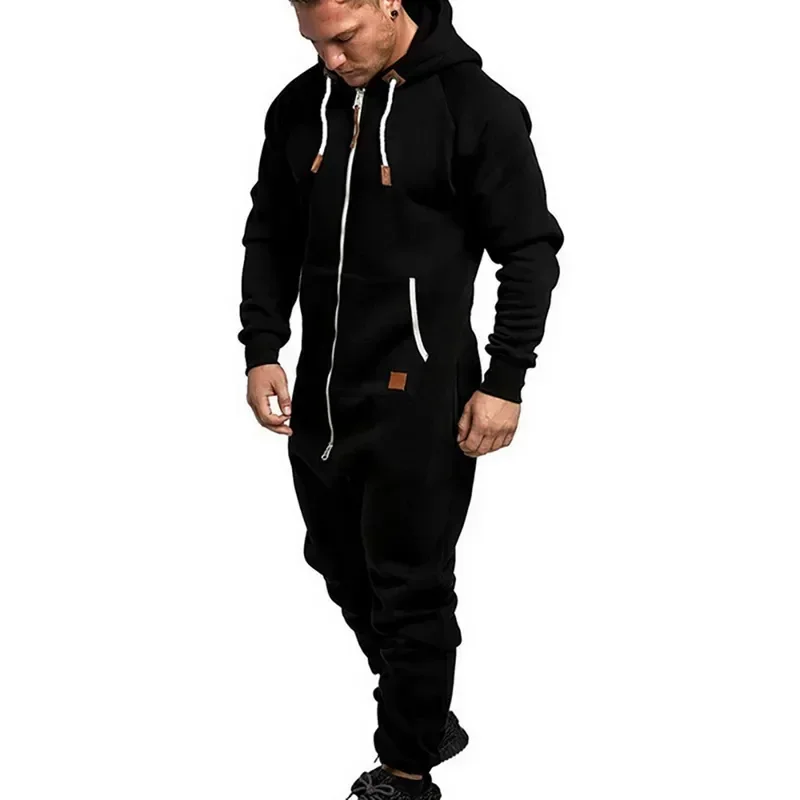 Casual Pajamas Male Zipper Sweatpants Hoodie Mens Winter Sleeve Color Jumpsuit Onesie Long Splicing Pure Autumn