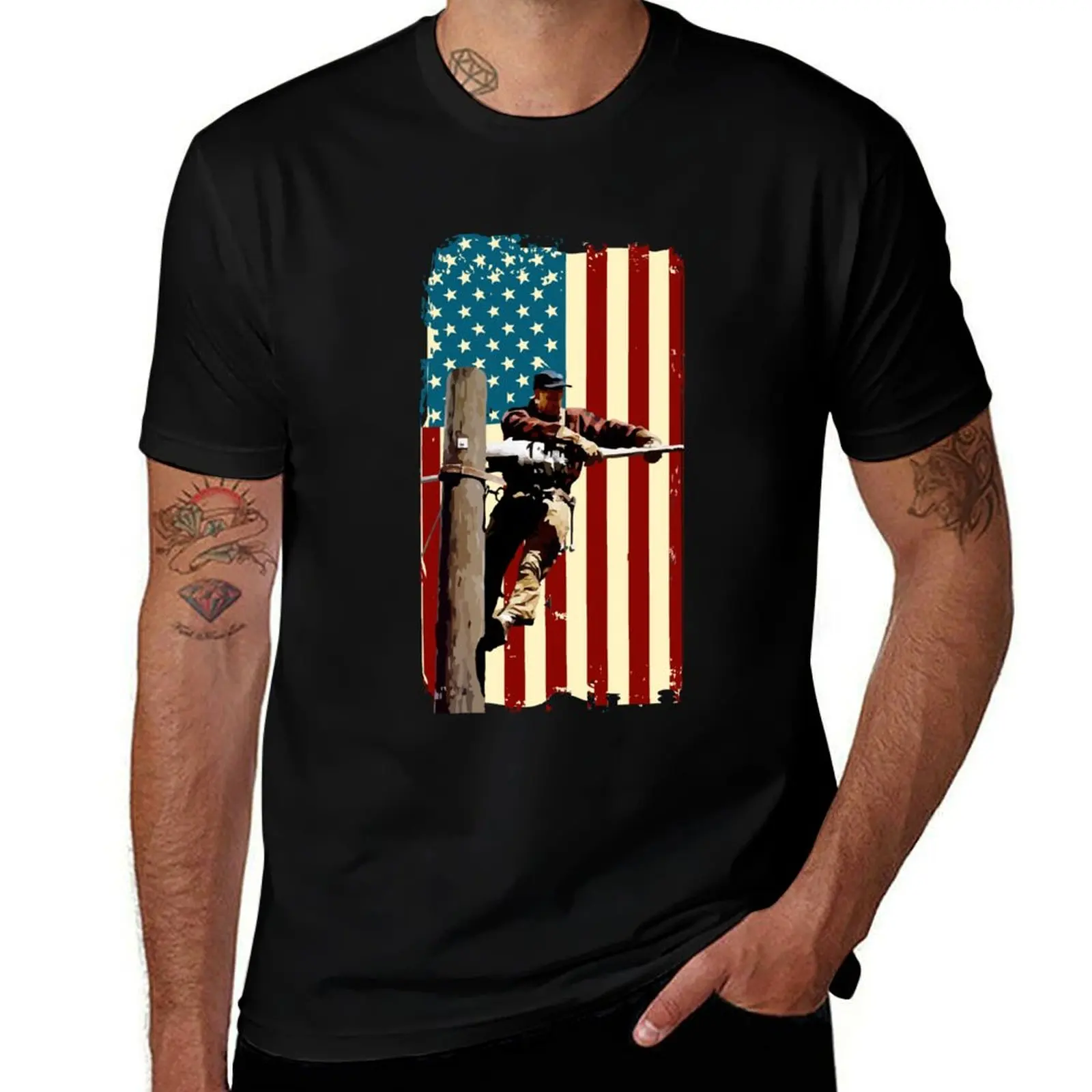 Lineman American Flag Art Electric Cable Lineman Gift T-Shirt designer shirts tees vintage graphic tee vintage t shirt men