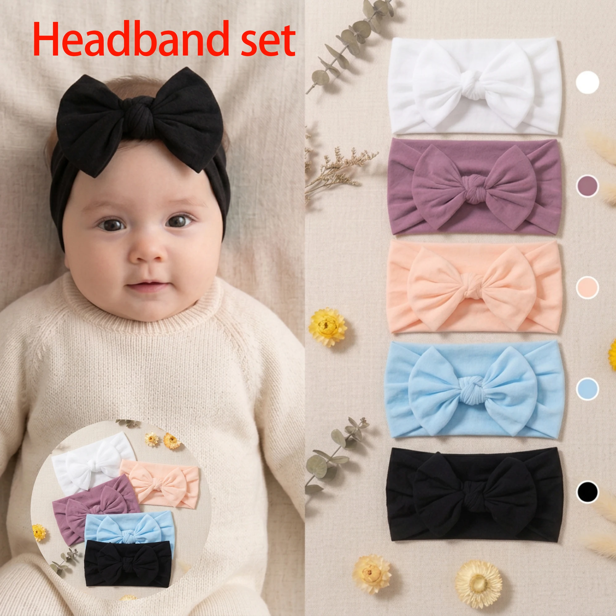 Baby Girls Headband Set 5 Colors Morandi Soft Elastic Big Knot Bow Headwrap for Newborn Infant Toddler Hairband Boho Style
